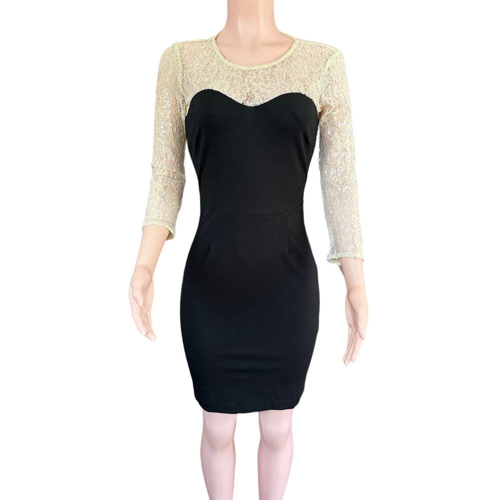Erin Fetherston Women's Long Sleeve Lace Sequin Black Cream Fitted Dress Sz 4